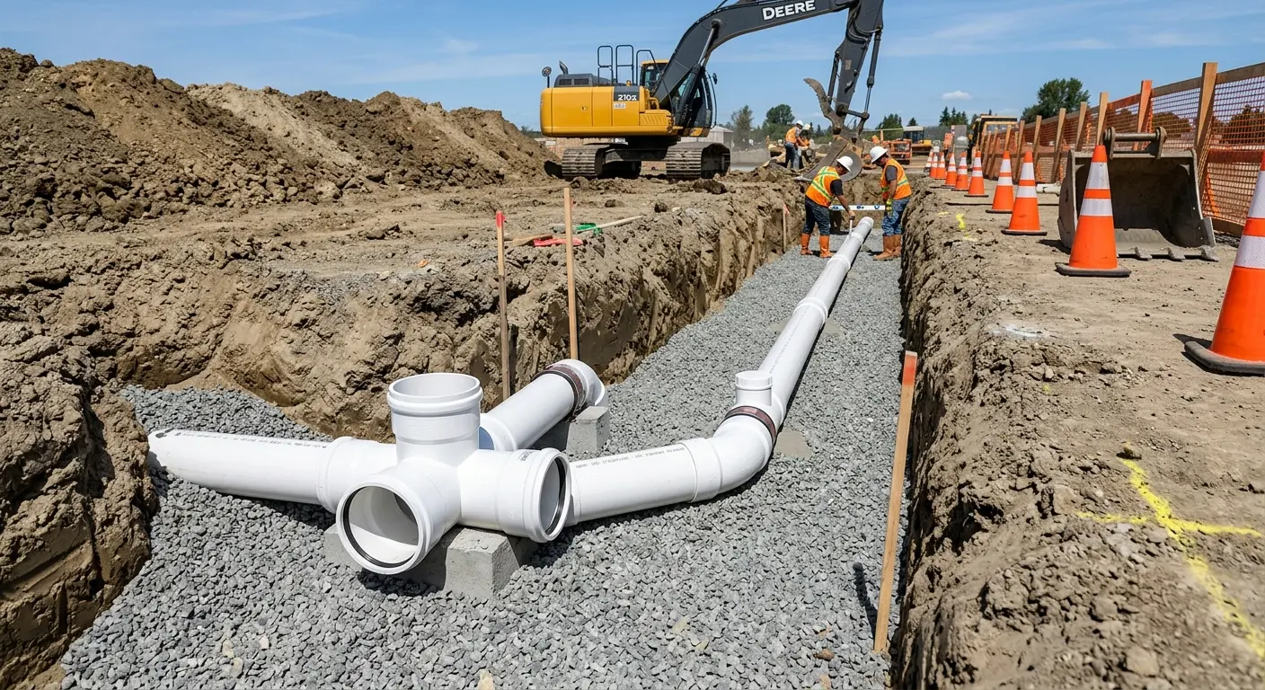 New PVC sewer pipe installation in open trench for Sewer Backup in Anchorage