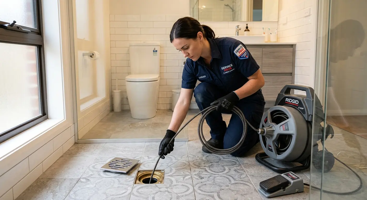 Technician clearing a bathroom floor drain for Drain Cleaning in Anchorage